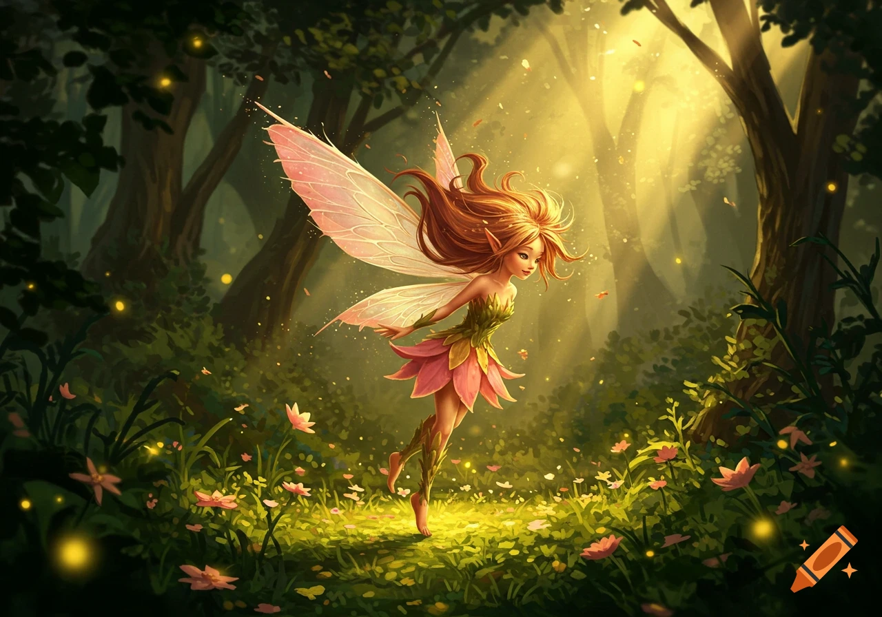 A cute fairy with reddish-brown hair and pink wings floats in a vibrant, sunlit forest clearing filled with pink flowers and glowing lights.