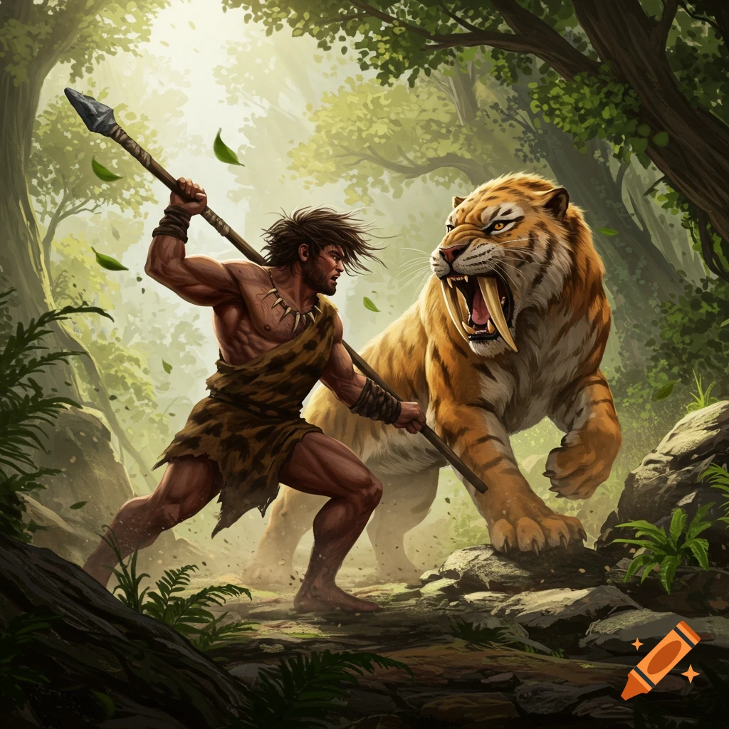 A muscular caveman with a spear confronts a roaring saber-tooth tiger in a lush prehistoric forest.