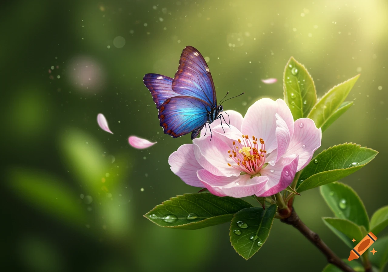 A vibrant blue and purple butterfly rests on a delicate pink flower with water droplets and green leaves against a soft, bokeh green background.