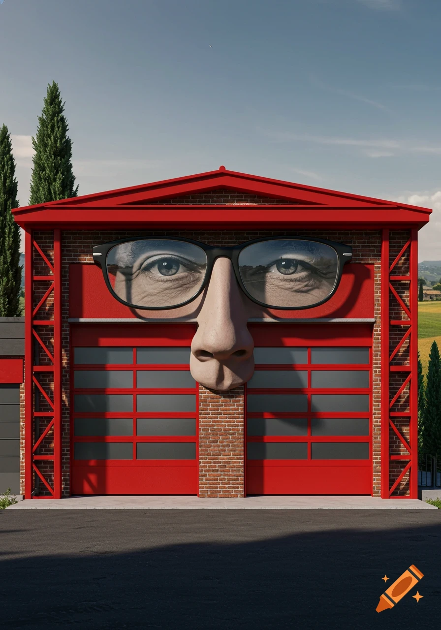 A surreal red car garage with windows for eyes and a large nose, resembling a face against a clear sky.