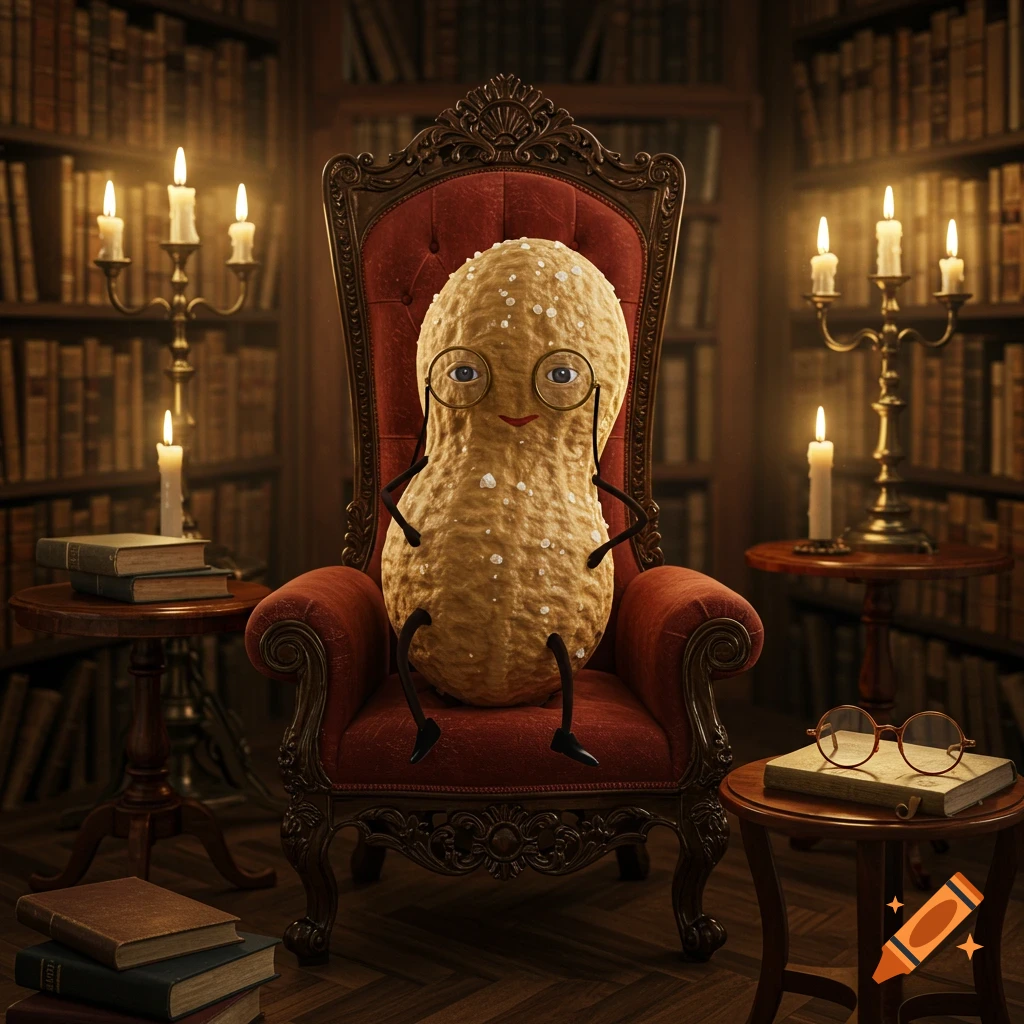 An anthropomorphic peanut wearing round glasses sits in a red armchair within a dimly lit, cozy library filled with books.