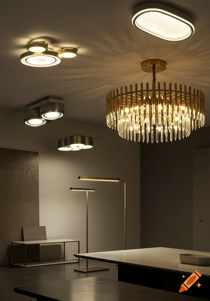 Modern interior with various ceiling lights, a crystal chandelier, and two minimalist floor lamps illuminating a contemporary room.