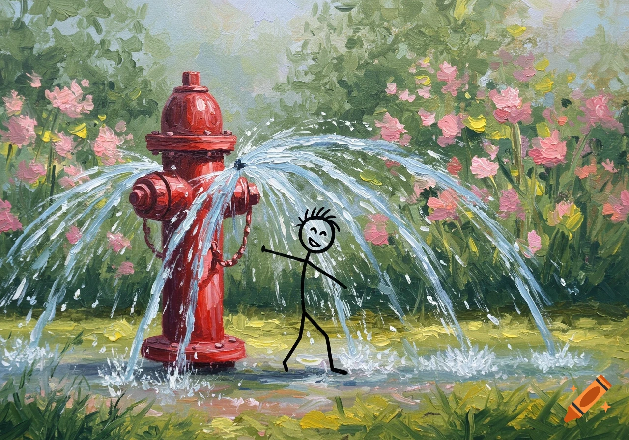 An impressionistic painting of a happy stick figure playing in water spraying from a red fire hydrant in a lush garden with pink flowers.