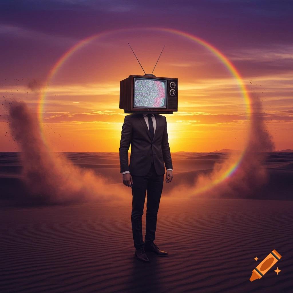 A man with a static-filled TV for a head stands in a desert at sunset, encircled by a glowing rainbow. Photorealistic surrealism.