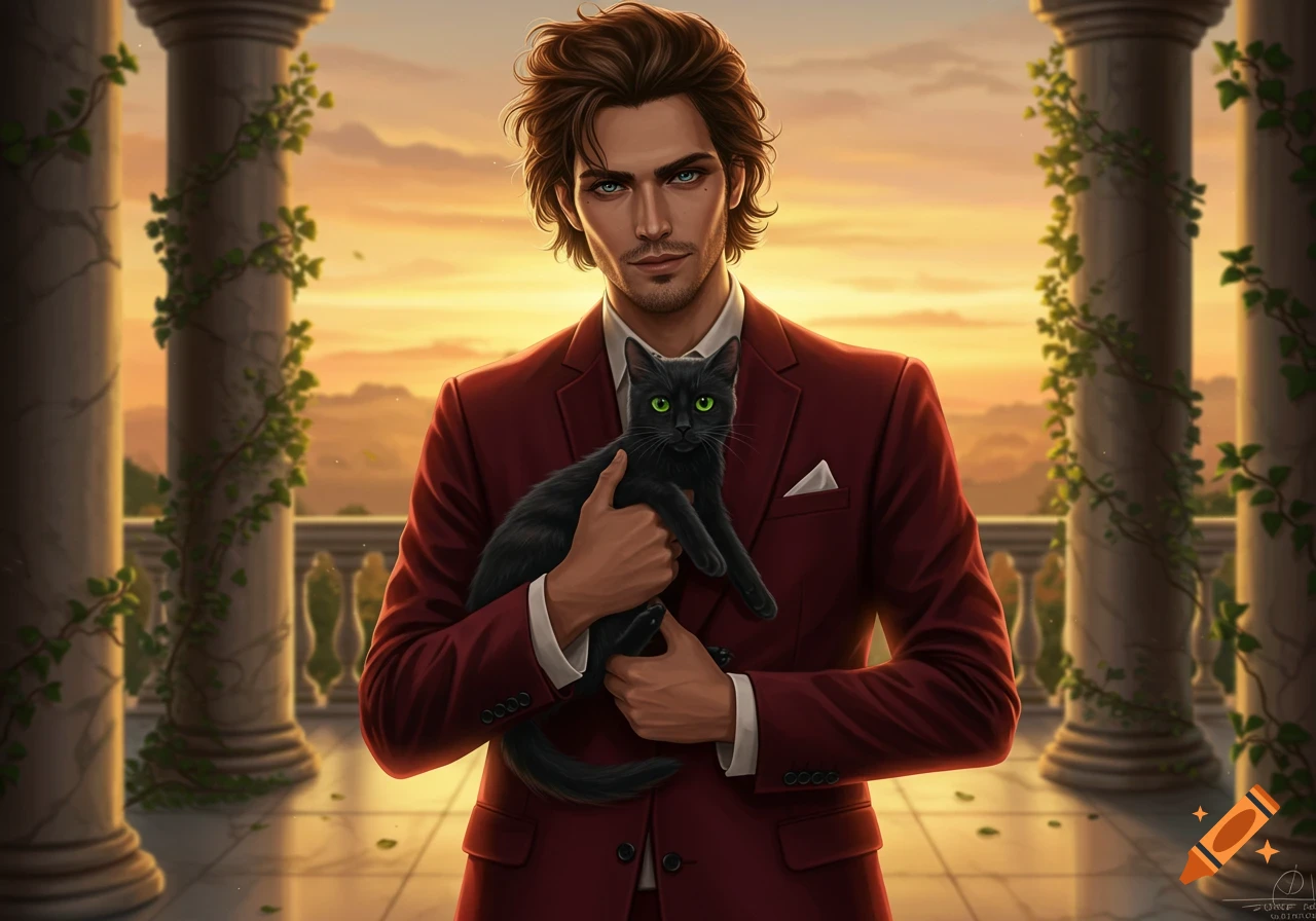 A handsome man in a red suit with brown hair holds a black cat with green eyes on a vine-covered balcony at sunset, digital painting.