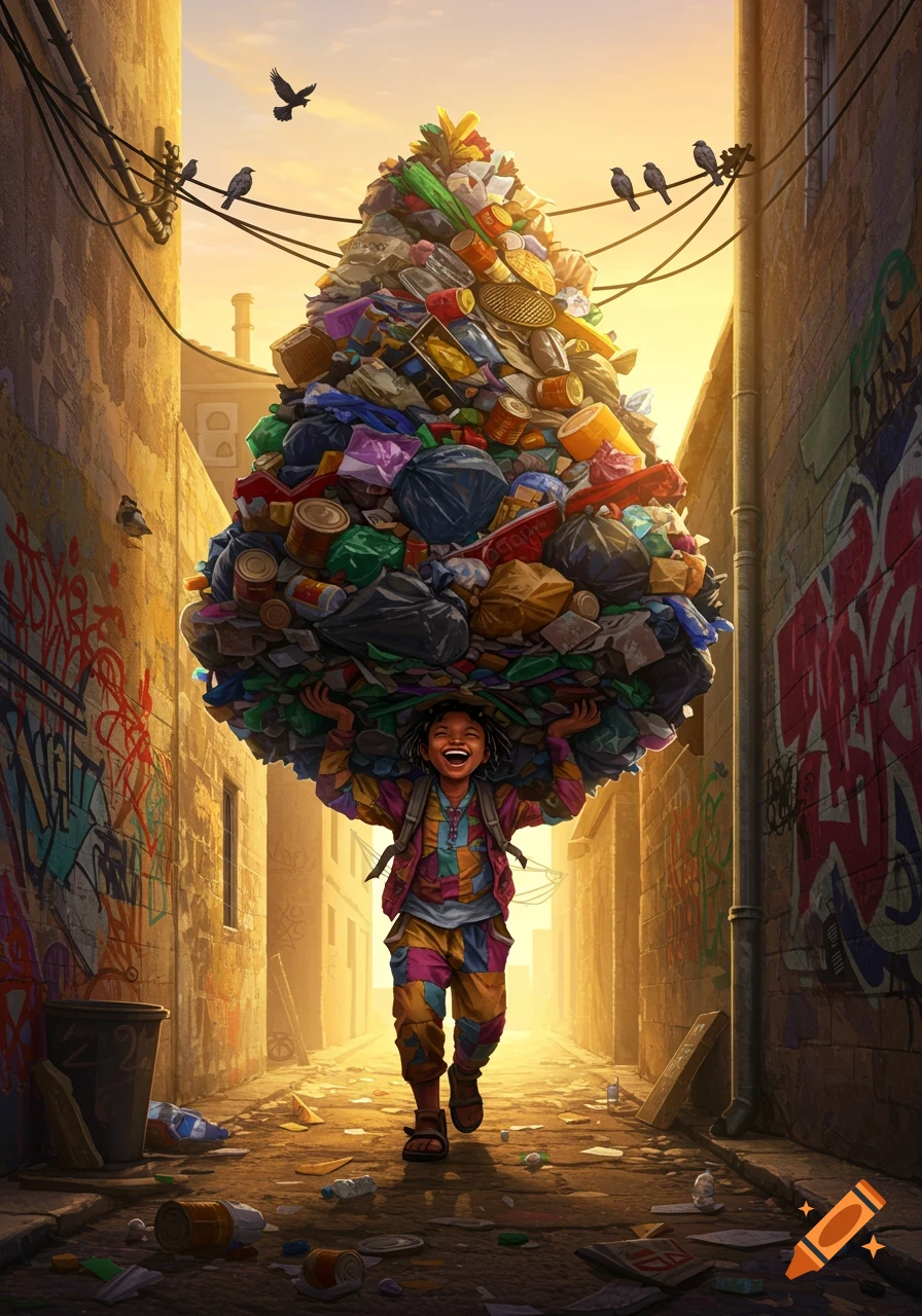 A smiling child carries a huge pile of colorful garbage on their head down a sunlit, graffiti-covered urban alleyway, in a vibrant illustration style.