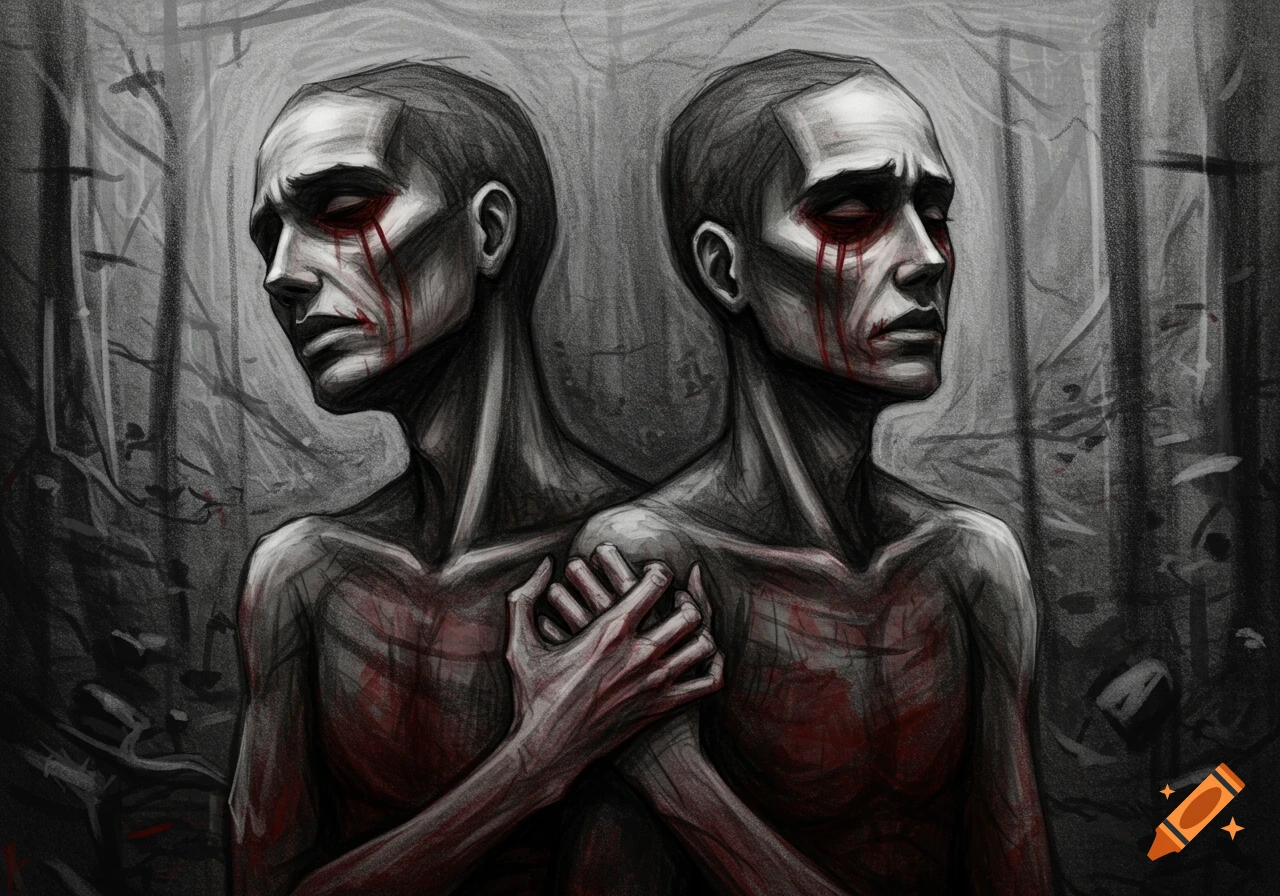 Two emaciated figures with bleeding eyes embrace in a dark, mournful sketch.