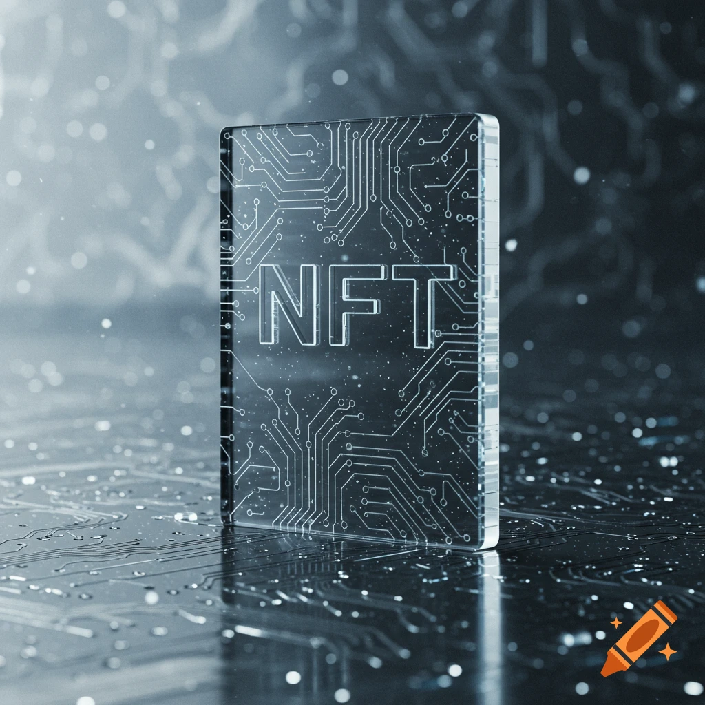 A glowing transparent block with 'NFT' and circuit board patterns stands on a reflective digital surface.