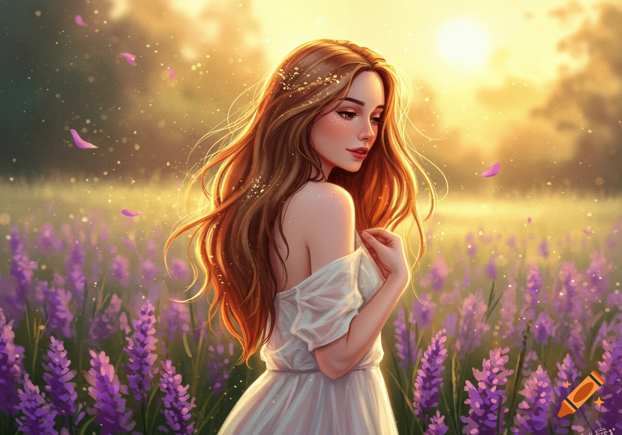 Beautiful woman with long flowing hair in a white dress stands in a vibrant lavender field at sunset, digital painting.