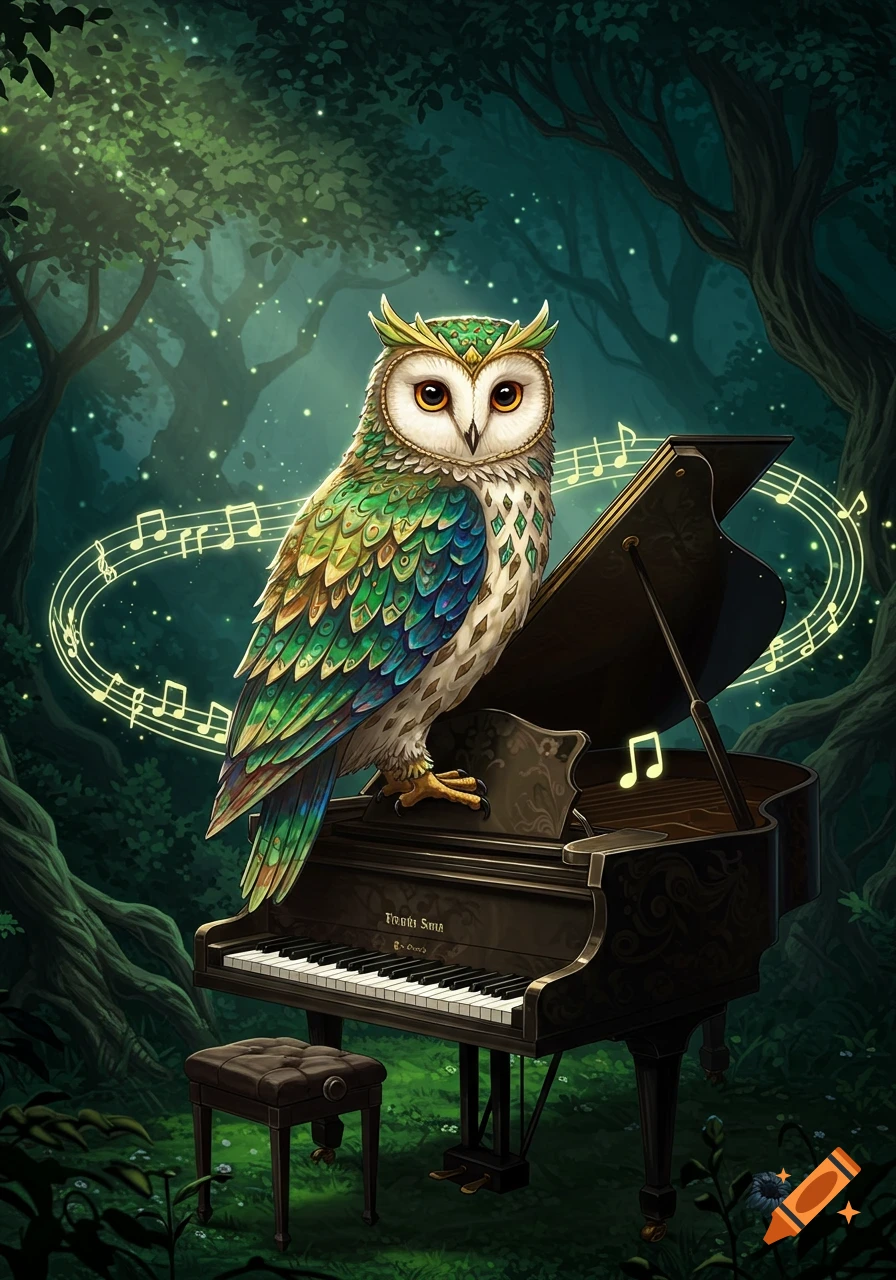 A colorful, stylized owl with green and blue feathers perches on a grand piano, surrounded by glowing musical notes in a magical forest.