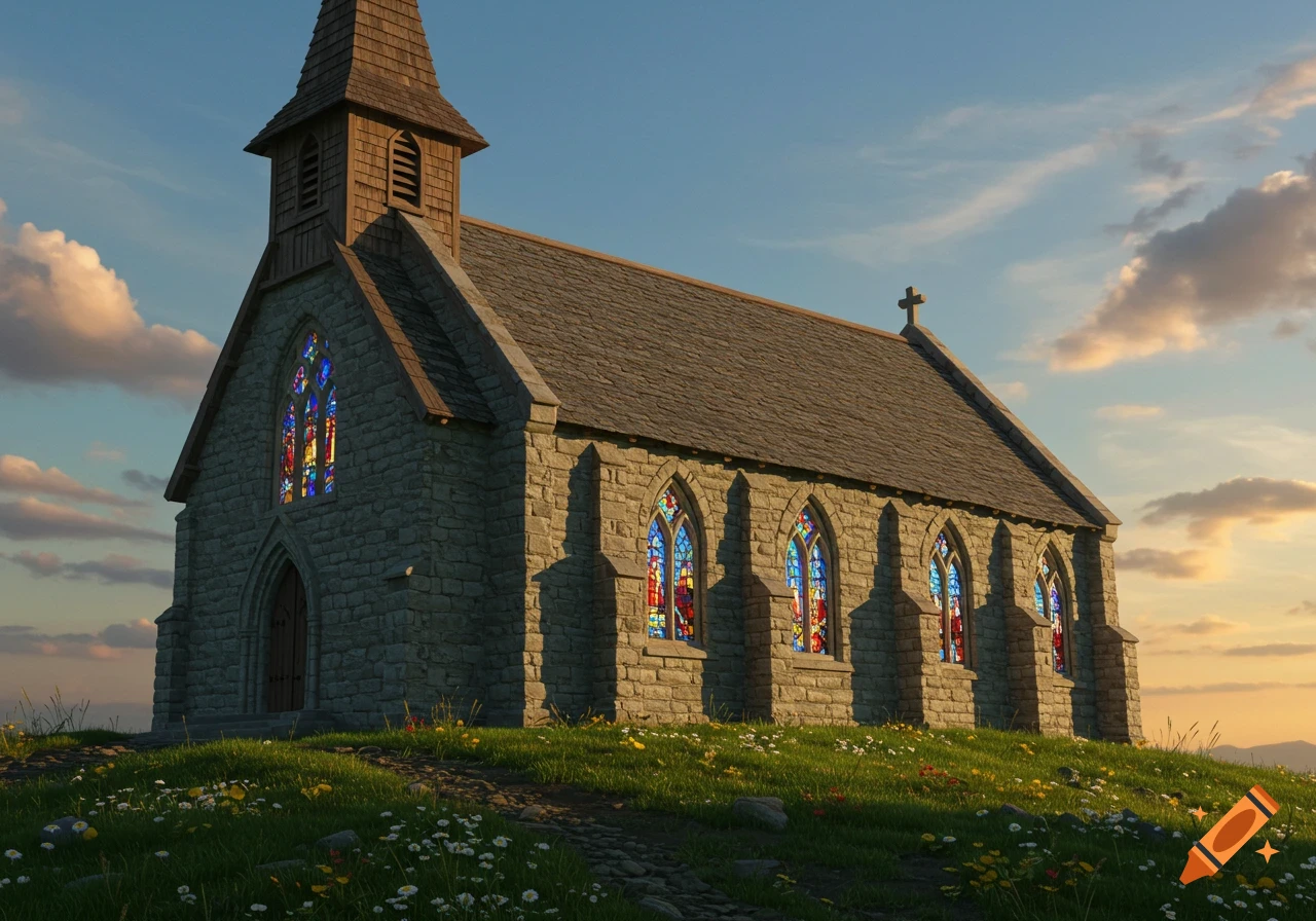 A realistic painting of an old stone church with stained-glass windows and a wooden steeple on a grassy hill at sunset.