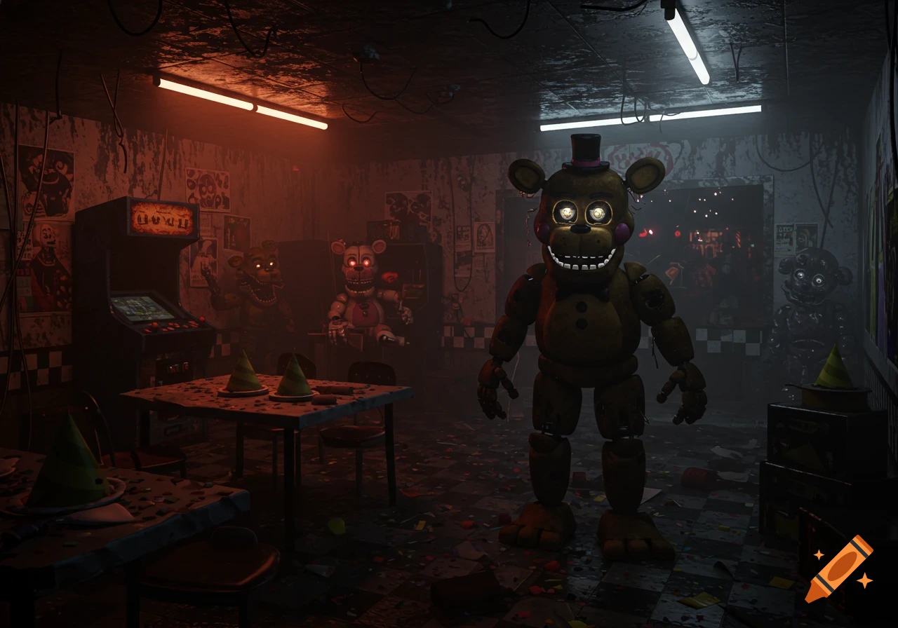 A large, creepy golden-brown animatronic bear with glowing eyes stands in a dark, derelict party room with arcade games and confetti.