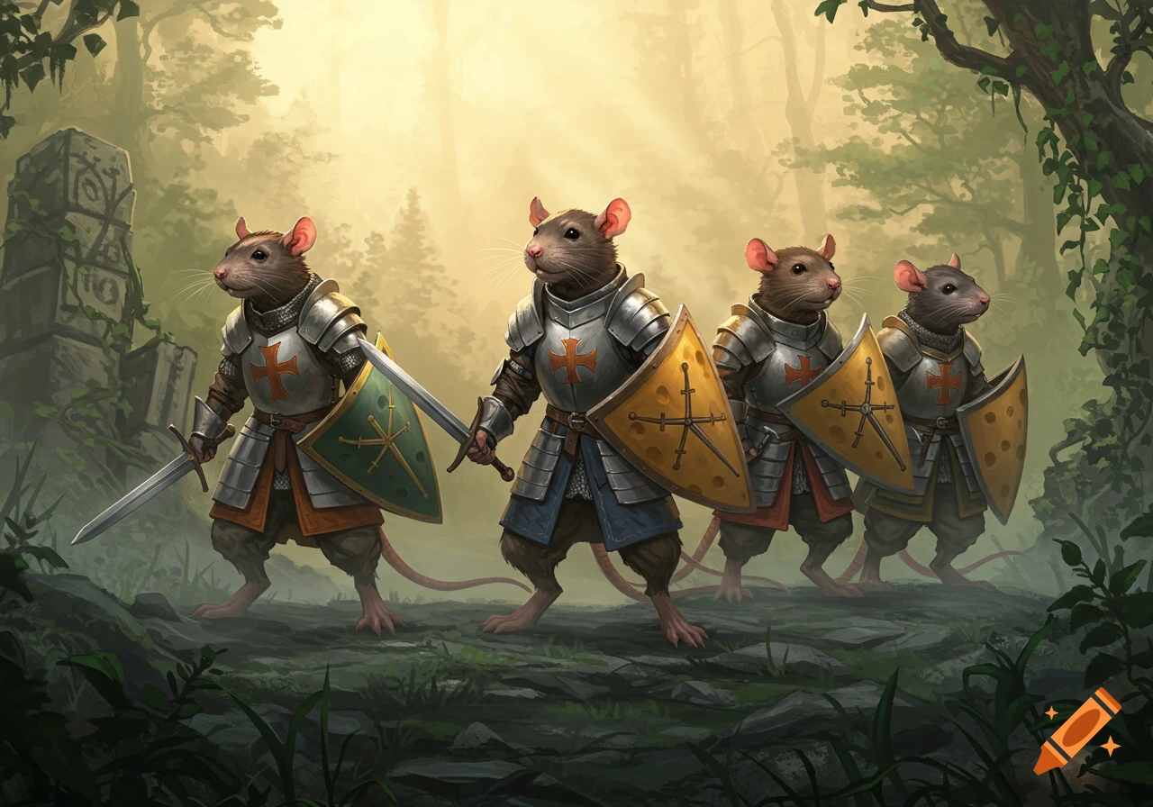 Four anthropomorphic rat knights in detailed armor stand in a misty, lush forest with ancient ruins.