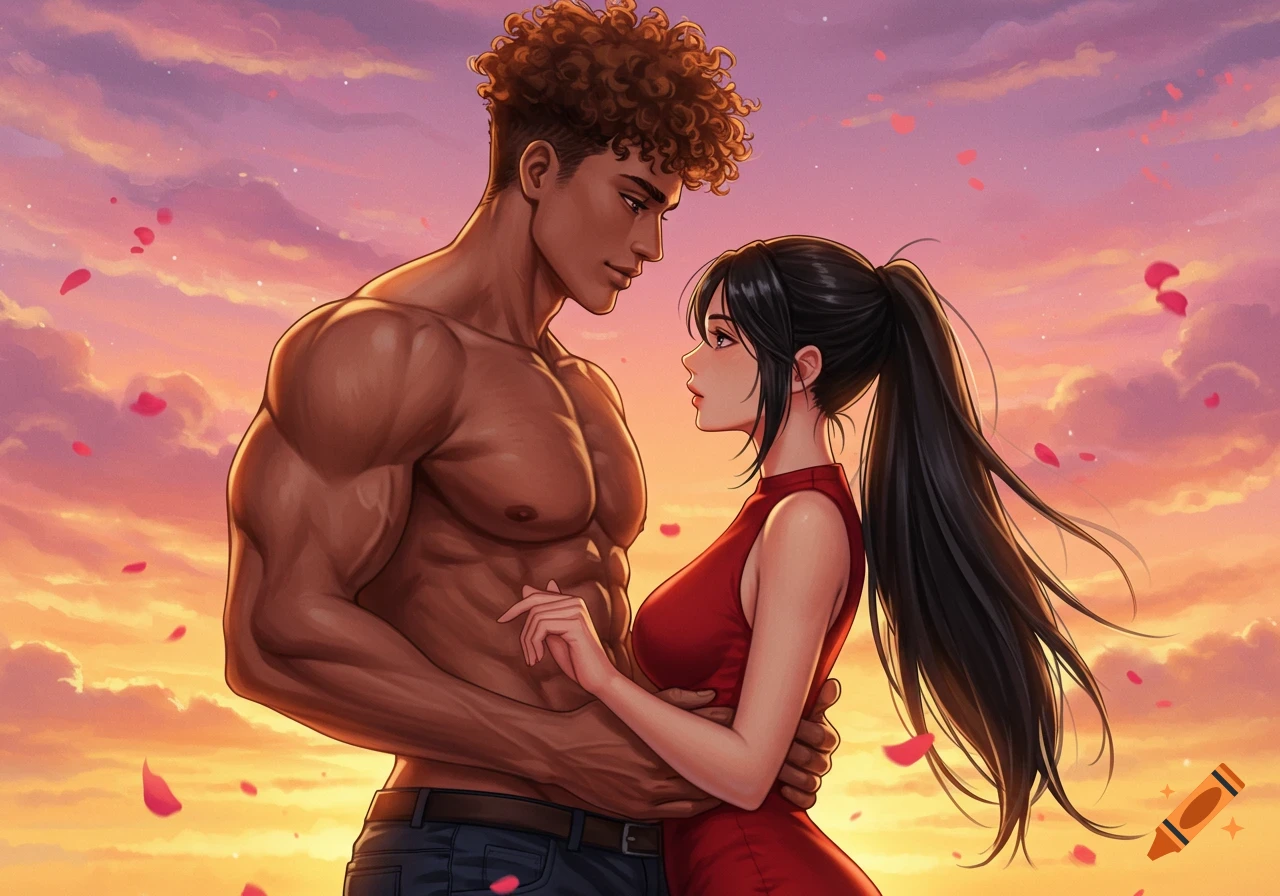 A digital painting of a muscular man and a woman in a red dress embracing, gazing lovingly at each other at sunset.