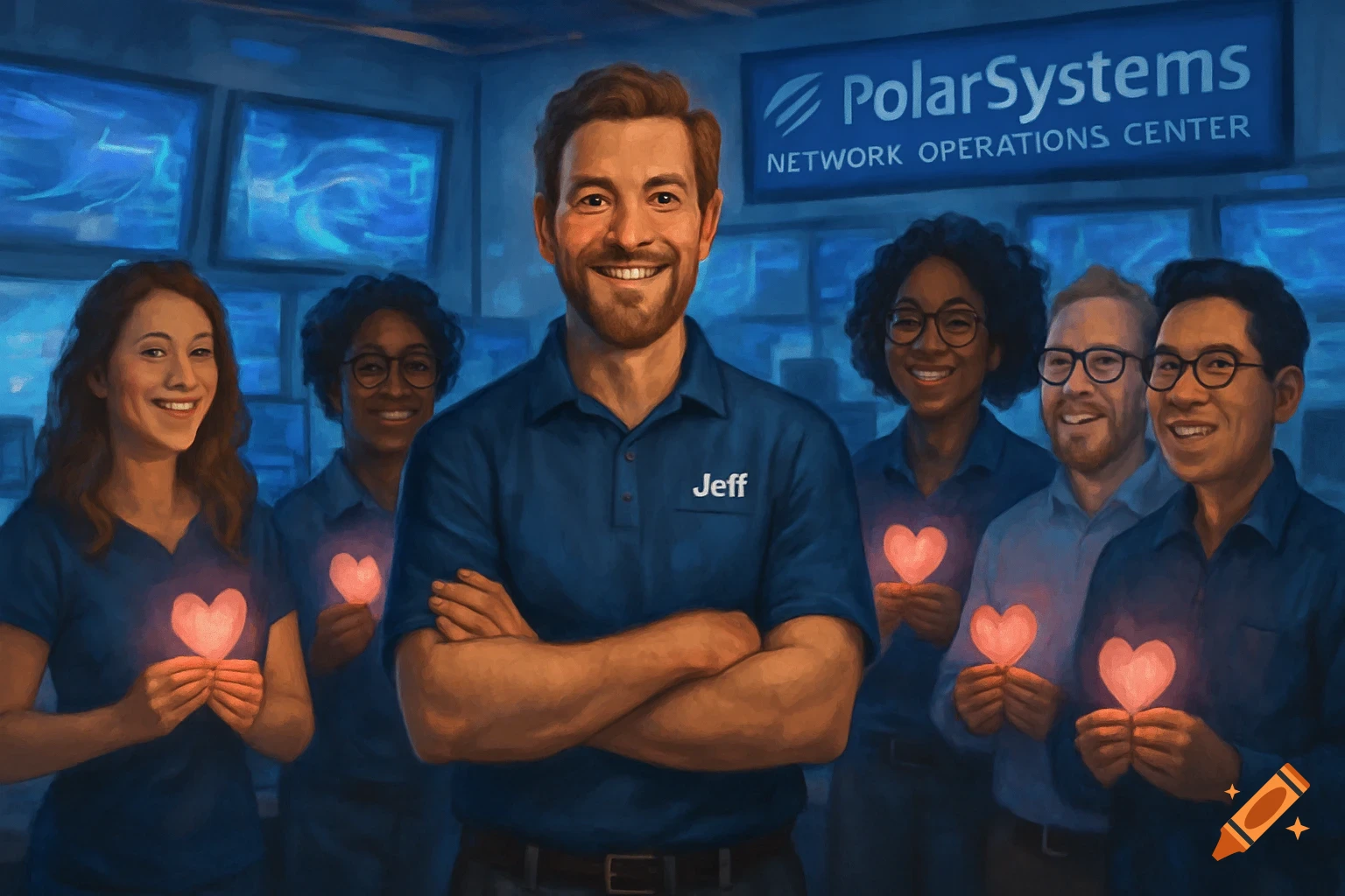 A diverse team smiles in a Network Operations Center. The man in front has 'Jeff' on his shirt; all hold glowing hearts.