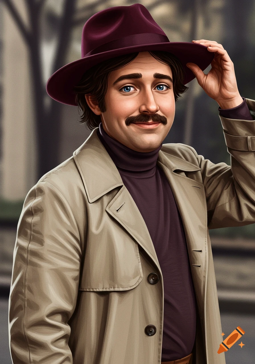 Realistic portrait of Fargo North, a man with a mustache, blue eyes, dark hair, wearing a burgundy fedora and beige trench coat, tipping his hat.