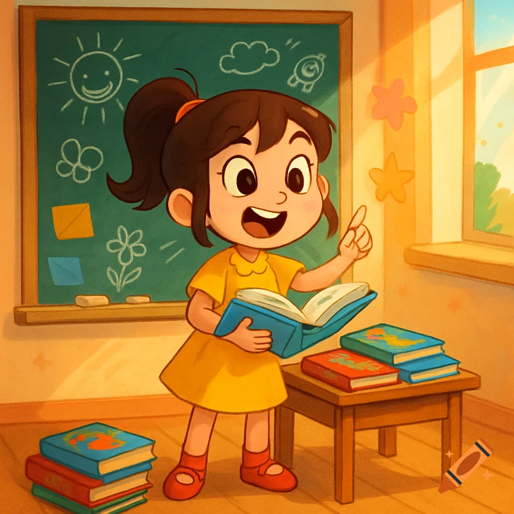 A happy cartoon girl in a yellow dress holds an open book, pointing, standing in a sunny classroom with a blackboard and stacks of books.