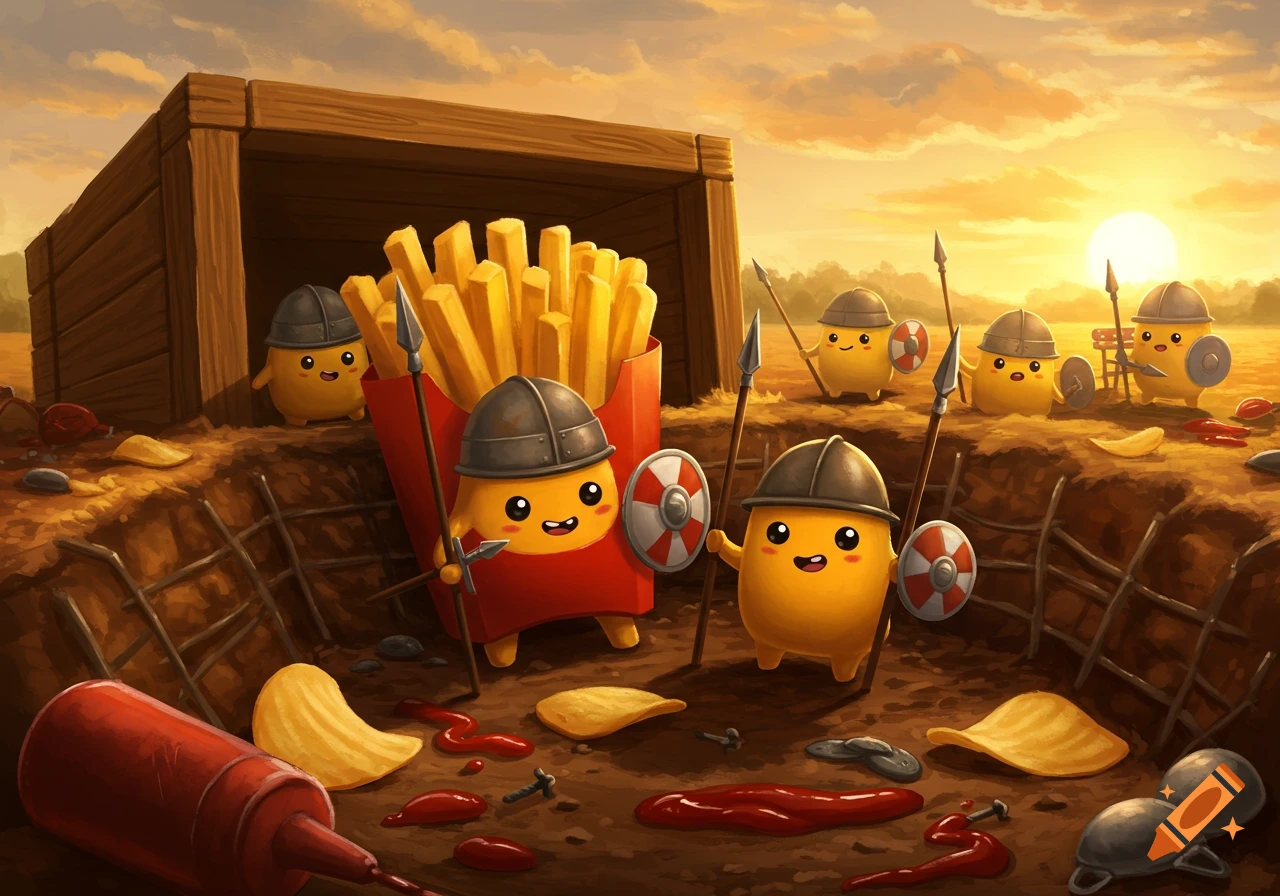 Cute cartoon french fry and potato chip warriors battle in trenches with spears and shields at sunset.
