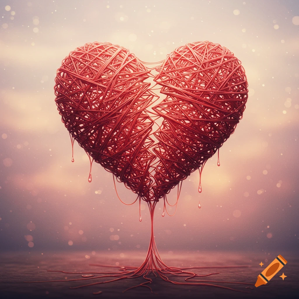 A textured red heart made of tangled strings, splitting down the middle and unraveling at the base, with clear liquid drips.