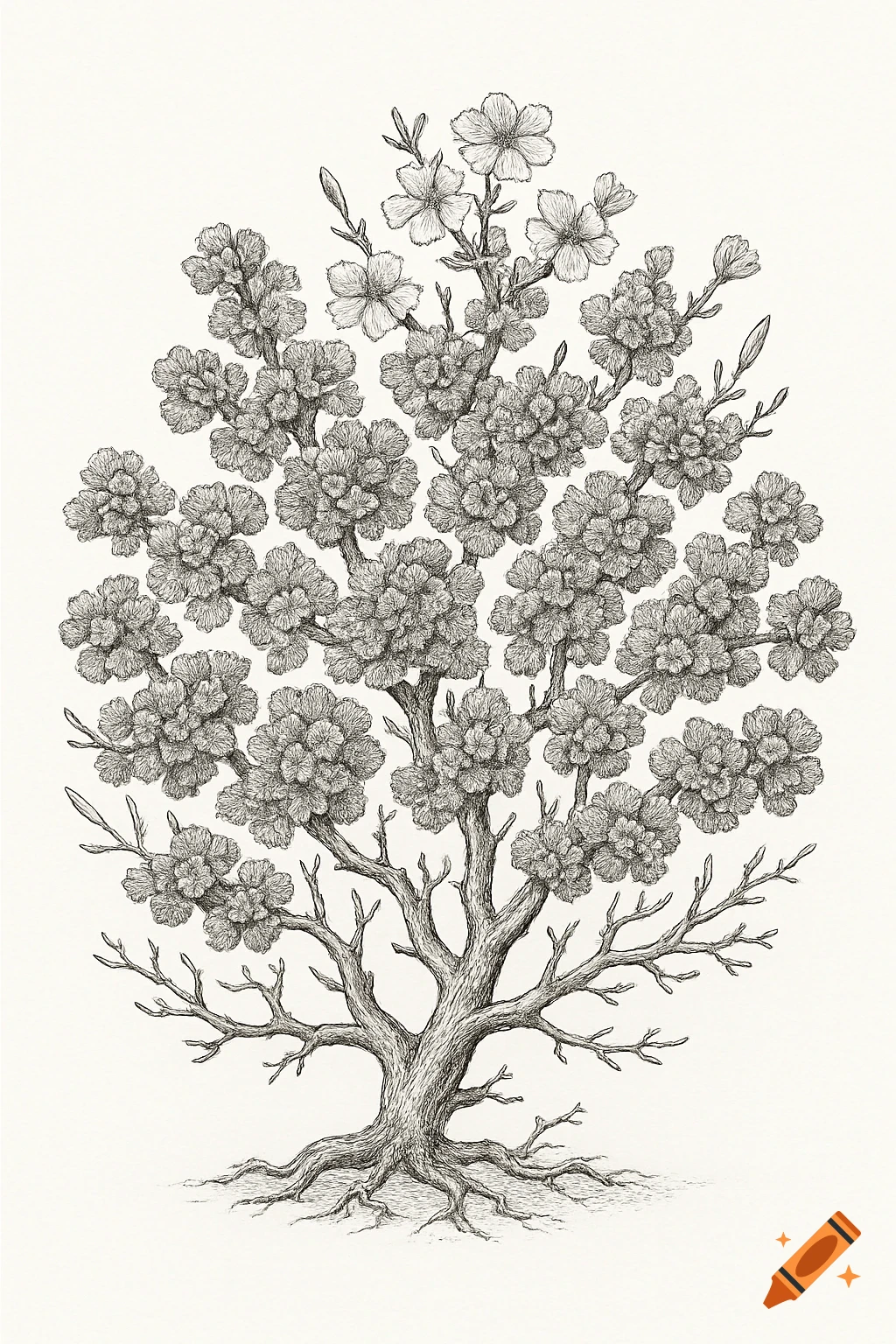 Detailed black and white botanical illustration of an antelope bitterbrush shrub with slender, twisting branches, clustered leaves, and solitary flowers.