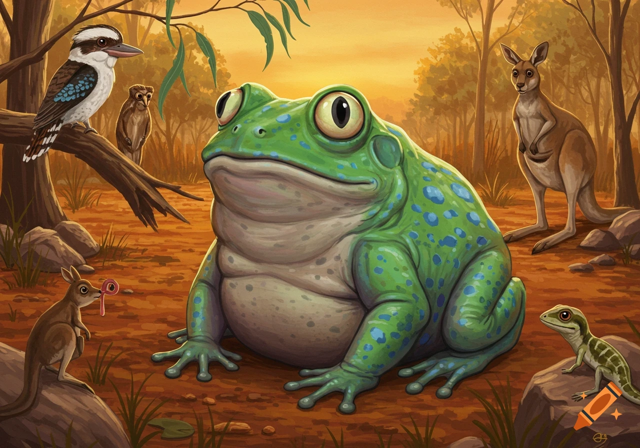 Stylized illustration of a large green frog surrounded by a kookaburra, kangaroos, and a lizard in an Australian forest at sunset.