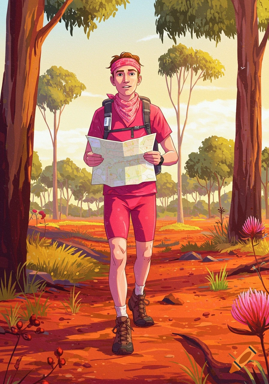 An illustrated young person in pink activewear and a bandana, wearing a backpack and holding a map, walks through a vibrant Australian bush landscape.