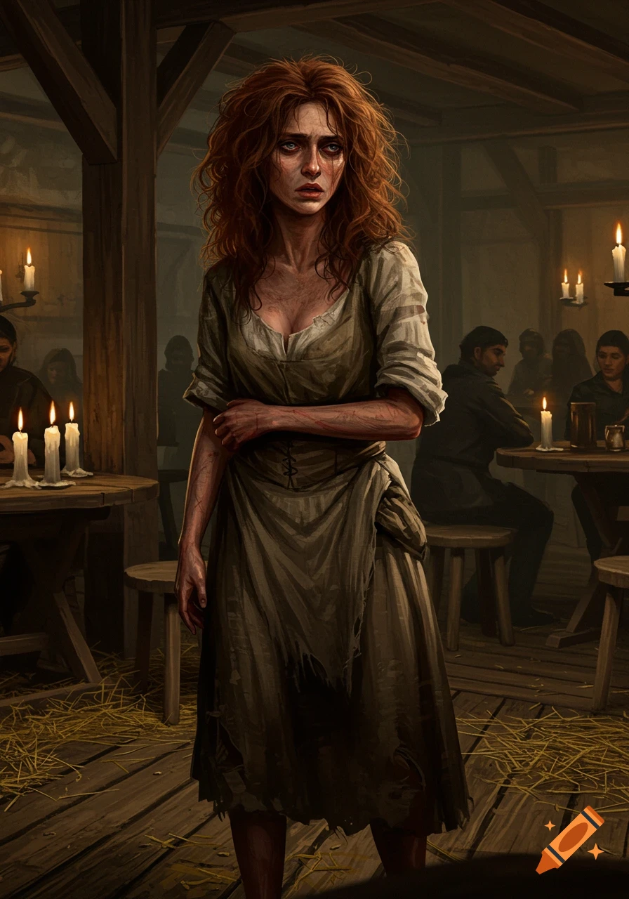 A weary, disheveled woman with red hair stands in a dimly lit, rustic tavern, a digital painting.