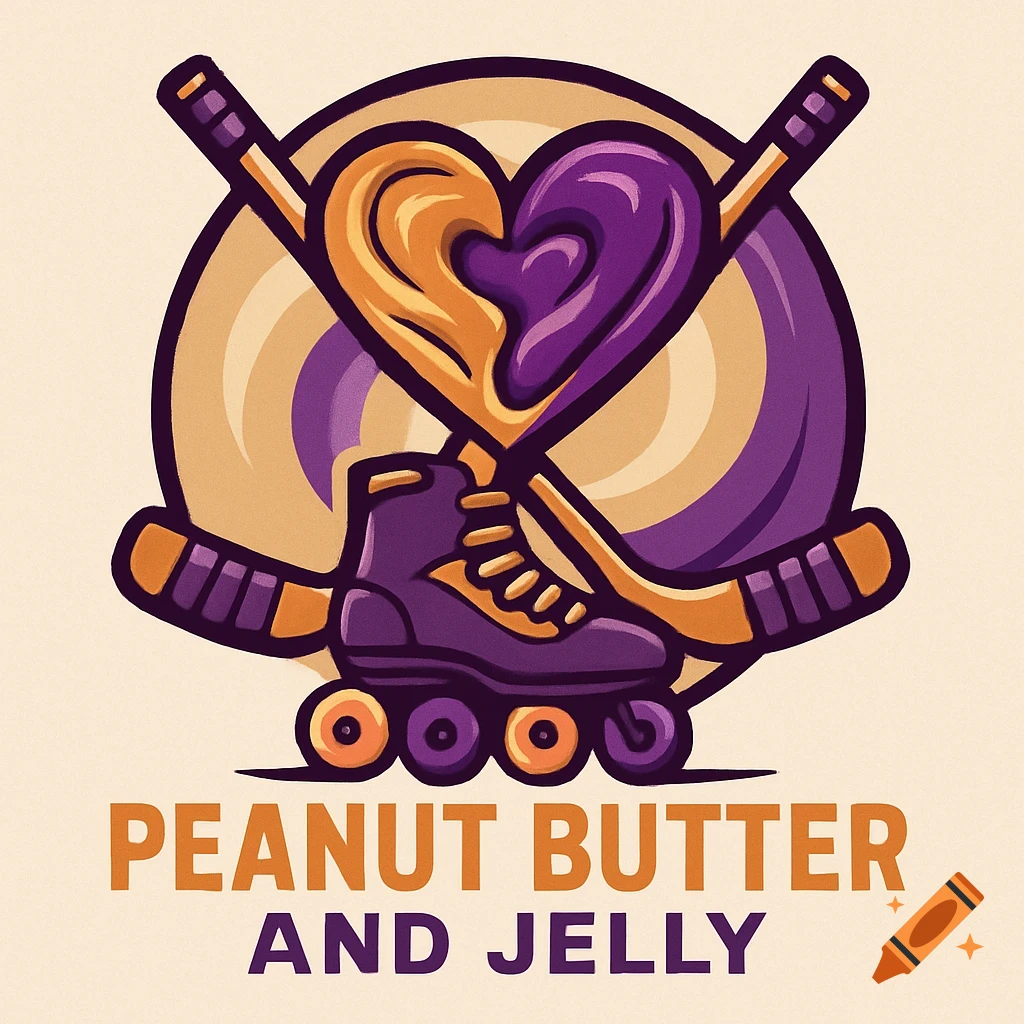 A roller hockey logo featuring a heart, skate, and stick in purple and gold, with 'PEANUT BUTTER AND JELLY' text.