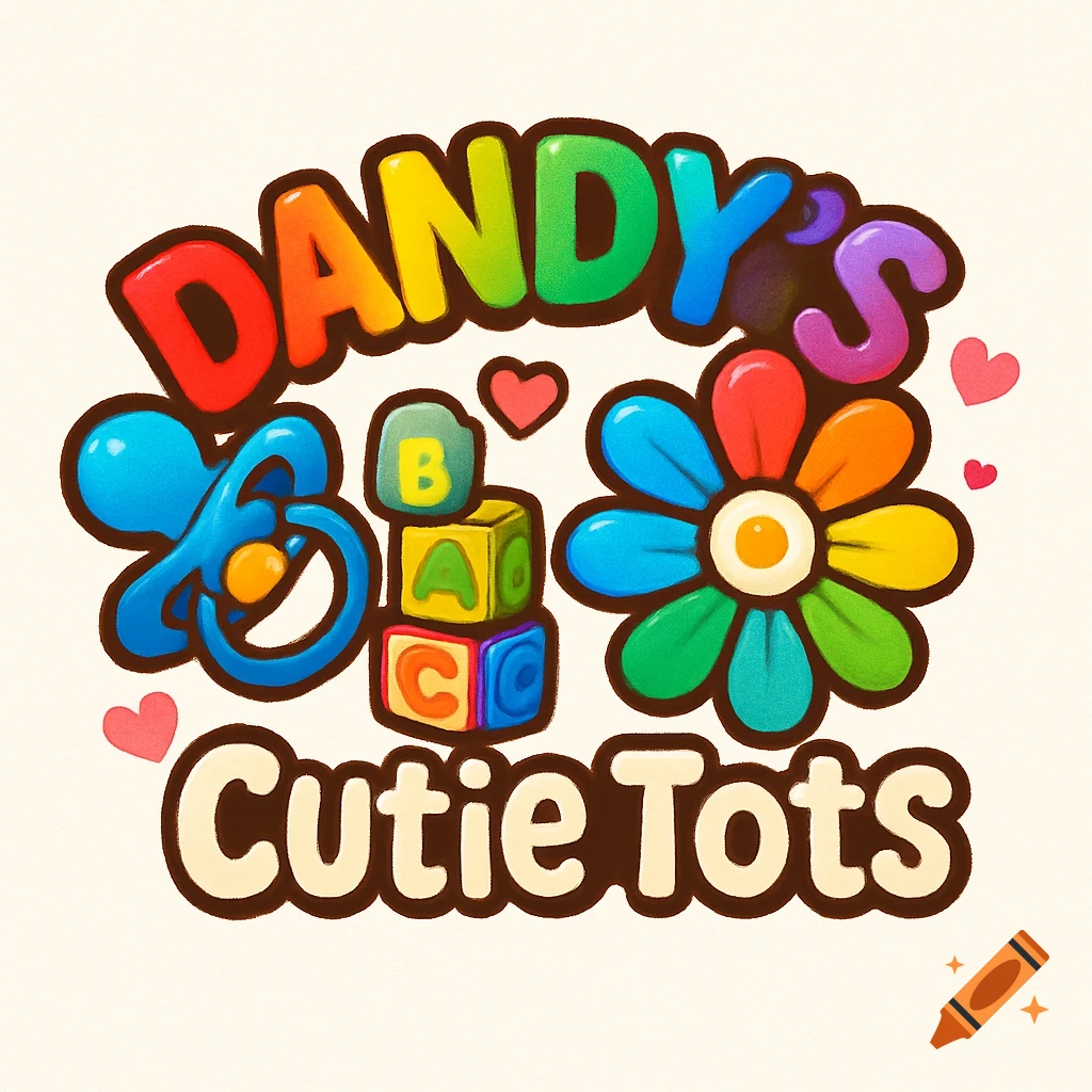 Colorful logo for "Dandy's Cutie Tots" with a blue pacifier, ABC blocks, a rainbow flower, and pink hearts on a light background.