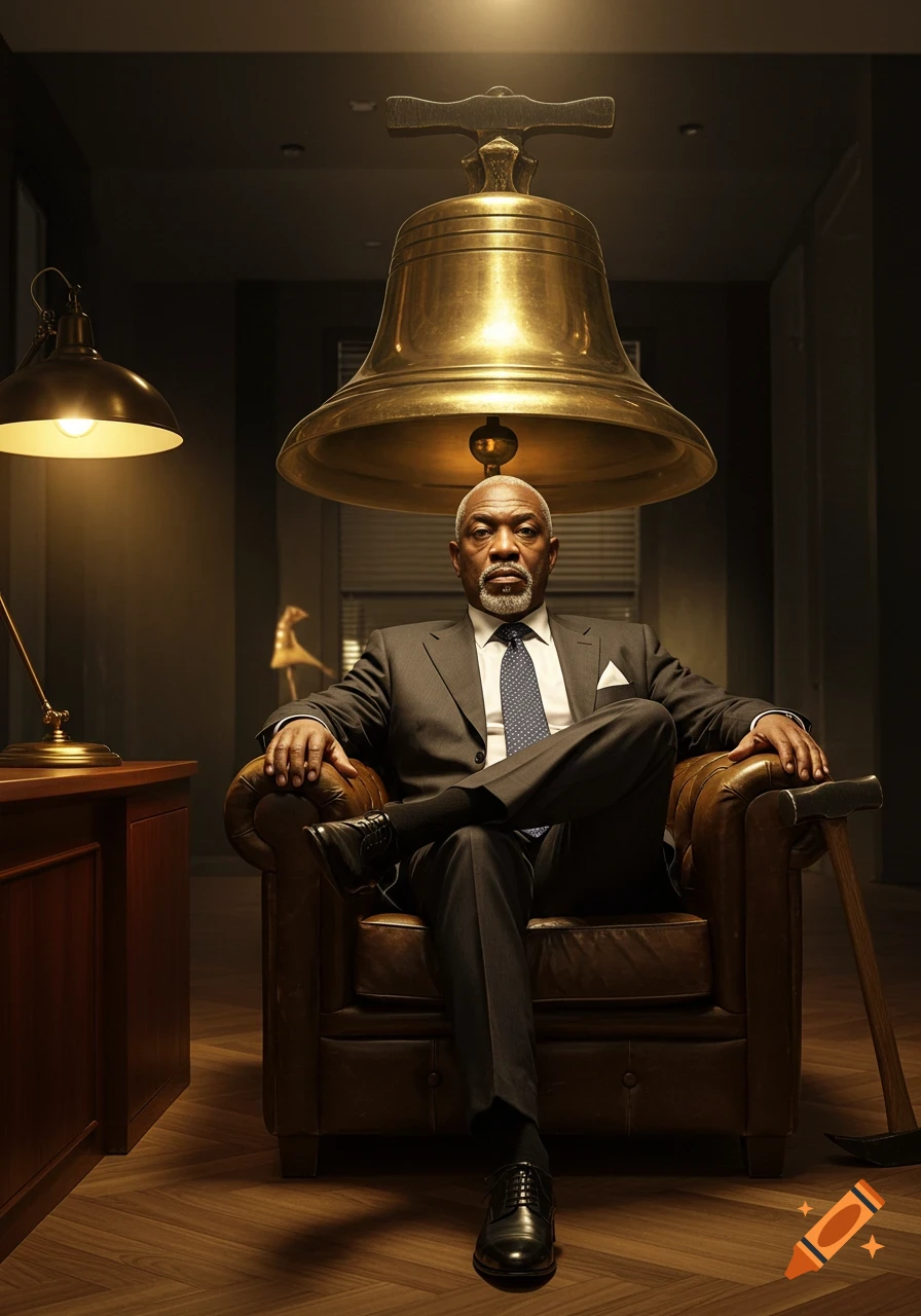 A photorealistic portrait of a serious businessman in a suit sitting in an armchair with a large golden bell over his head and a hammer nearby.