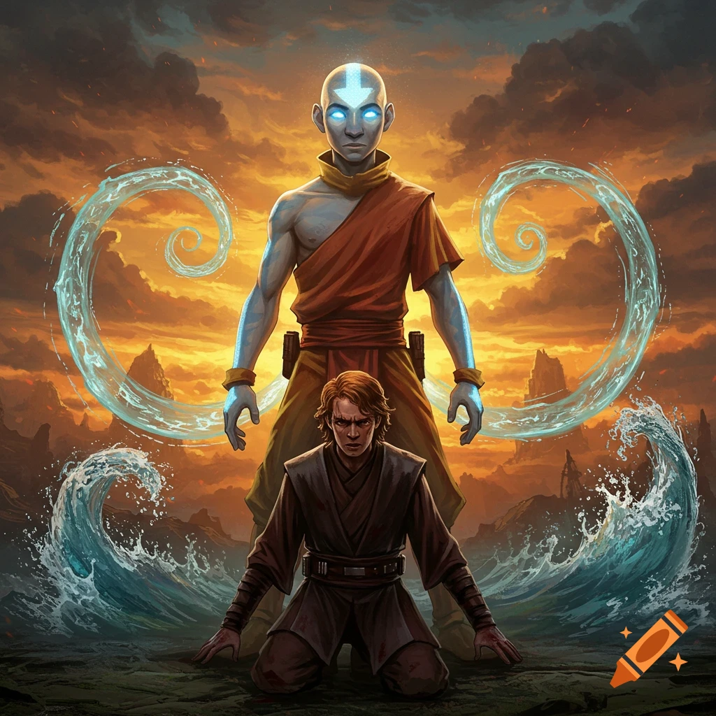 Detailed illustration of glowing Avatar Aang looming over a kneeling Anakin Skywalker with swirling water and a dramatic sunset sky.