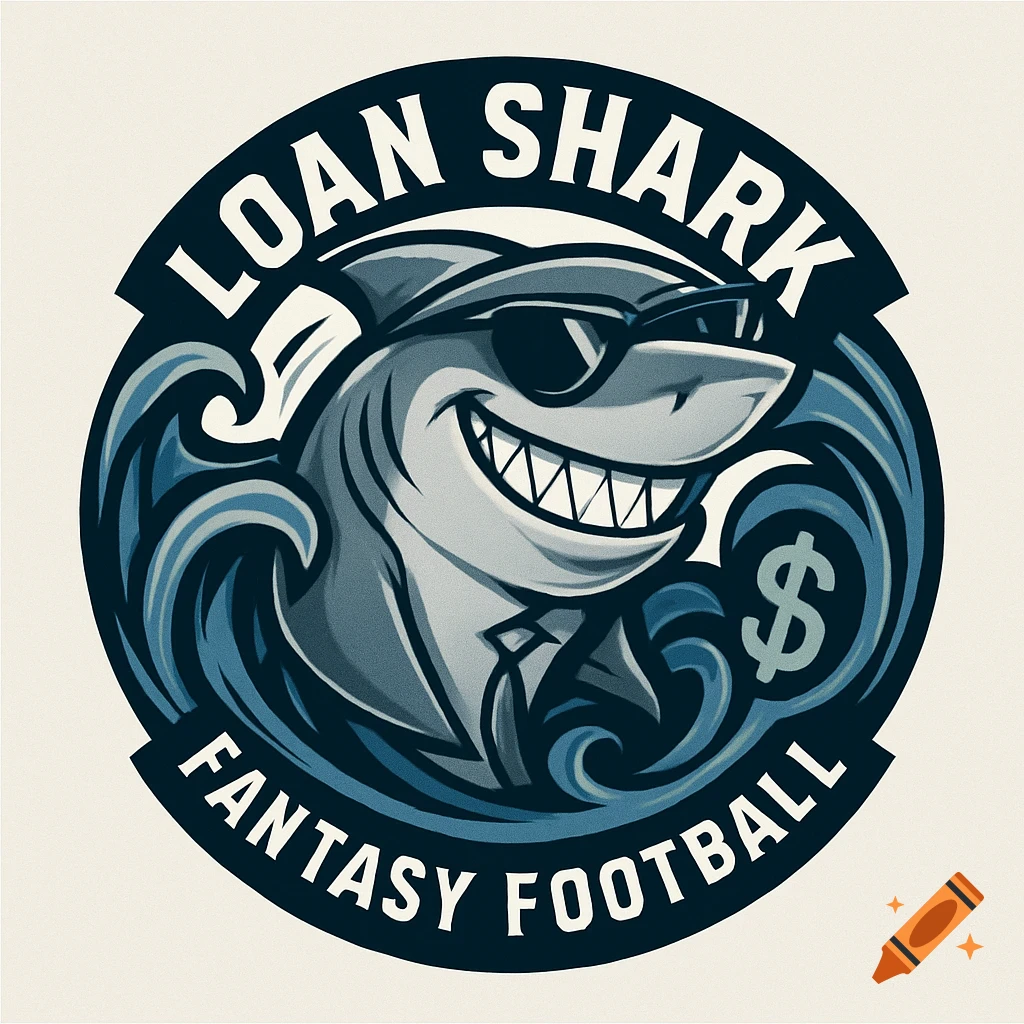 Cartoon shark mascot logo with sunglasses and a suit, surrounded by waves and a dollar sign, for Loan Shark Fantasy Football.