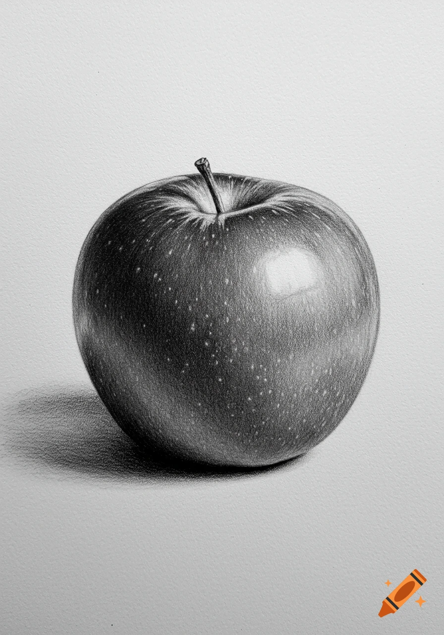 A detailed black and white pencil drawing of a single apple, showing subtle textures and shadows on a plain background.