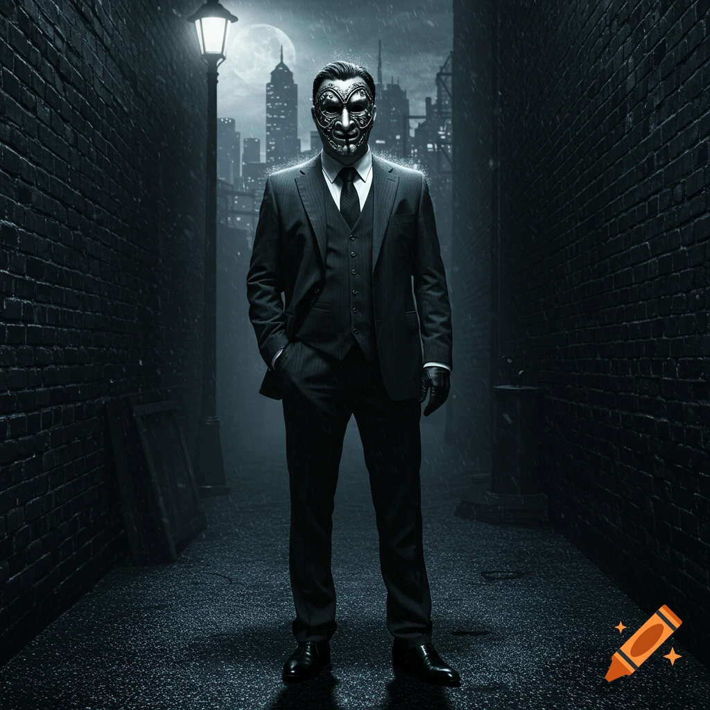 A masked man in a suit stands in a dark, rainy alley under a lamppost with a city skyline and full moon in the background, photorealistic style.