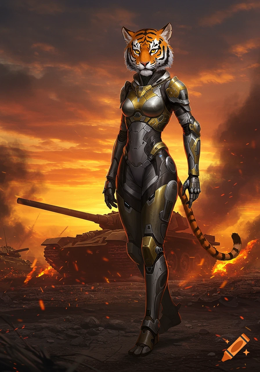 A tiger-headed warrior in sci-fi armor stands on a fiery battlefield with tanks under a dramatic sunset.