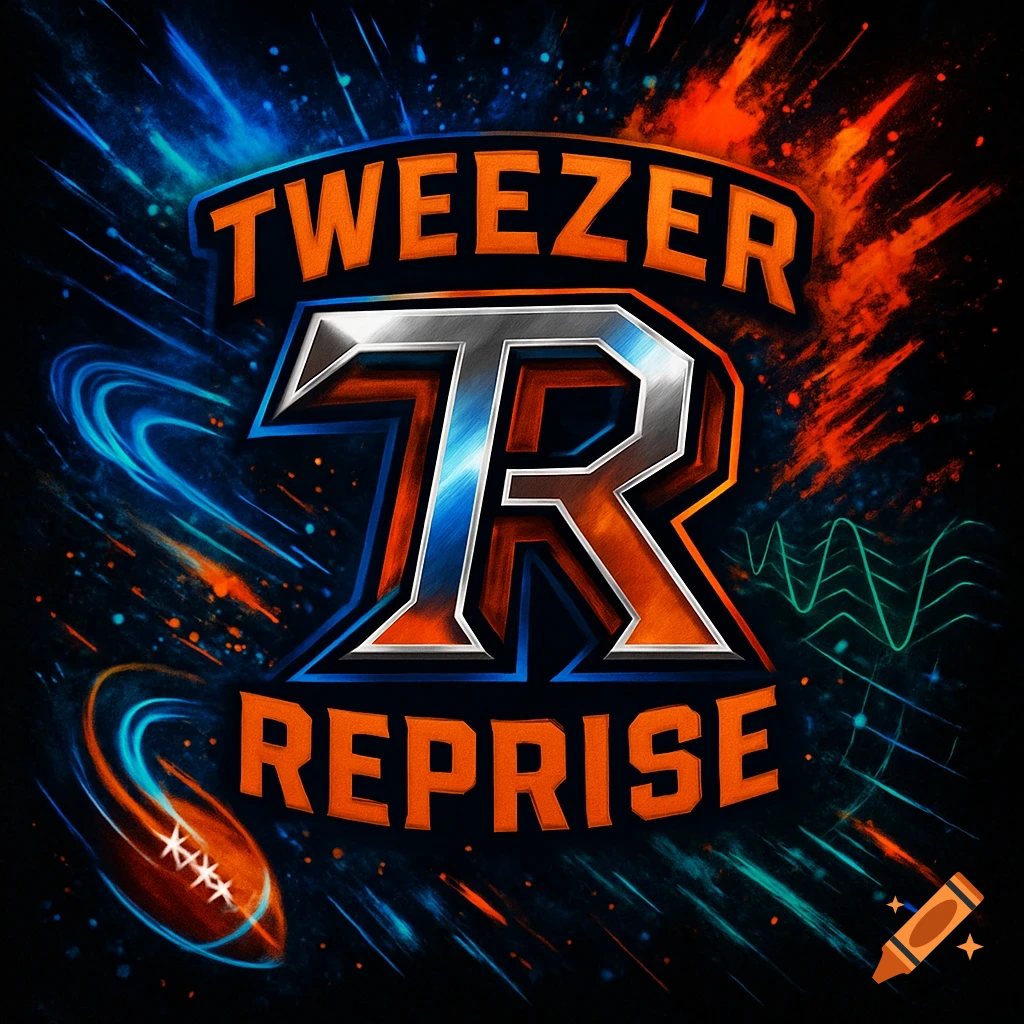 A vibrant, abstract logo with the words 'TWEEZER REPRISE' and a large 'TR' in the center, featuring a football and a waveform.