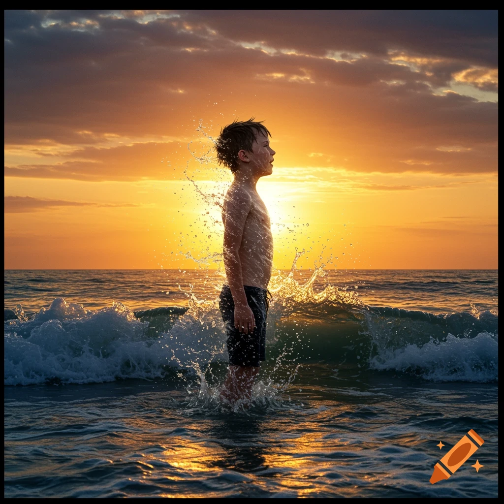 A boy stands in the ocean as water splashes around him at sunset, with an orange sky.