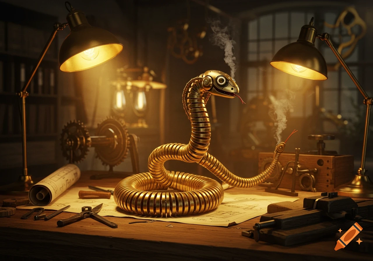A golden steampunk robot snake coils on a wooden workbench, surrounded by blueprints, tools, and brass lamps, emitting smoke.