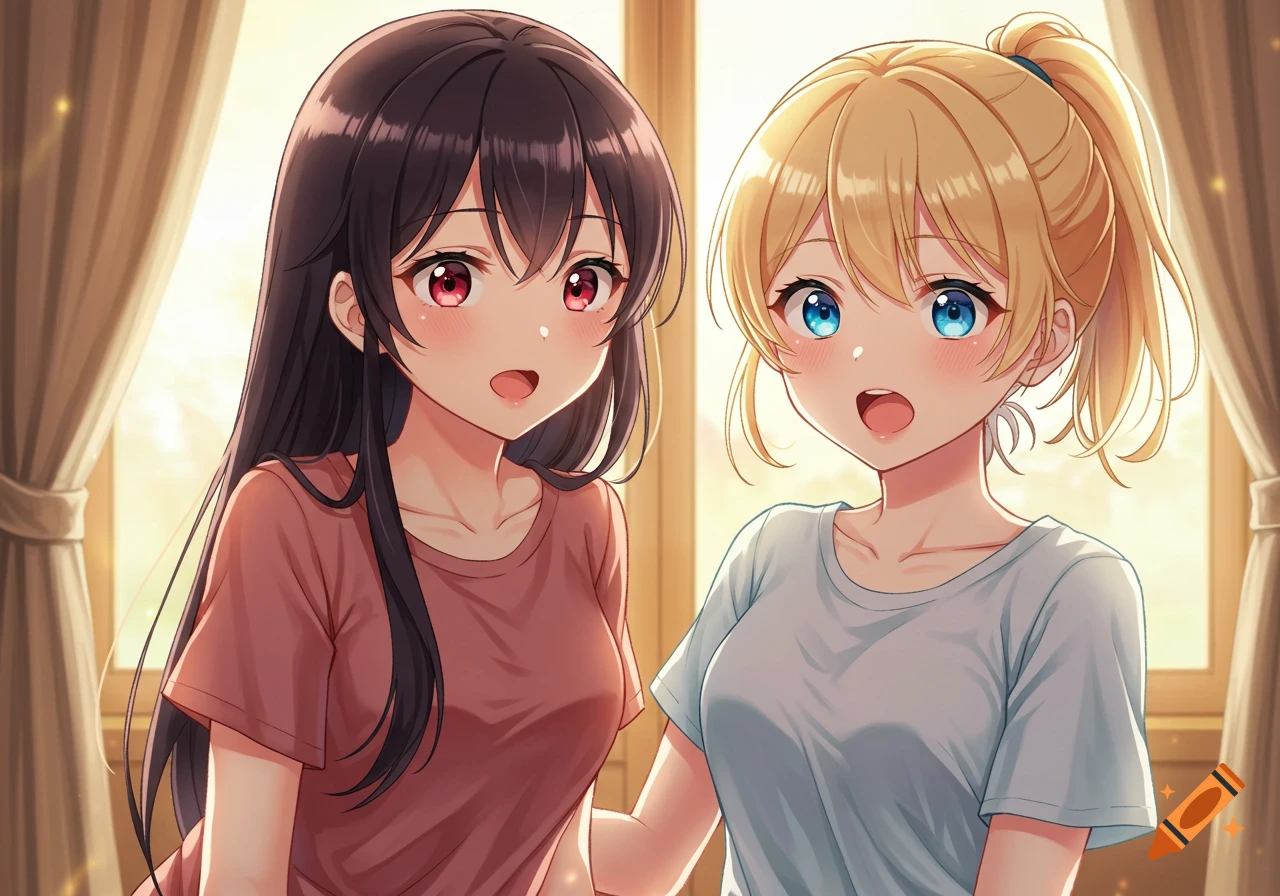 Two surprised anime girls in a bright room, one with dark hair and red eyes, the other with blonde hair and blue eyes.