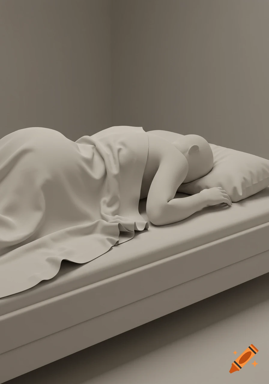 A featureless, beige figure lies under a blanket in a minimalist, beige bedroom, seen from the side.