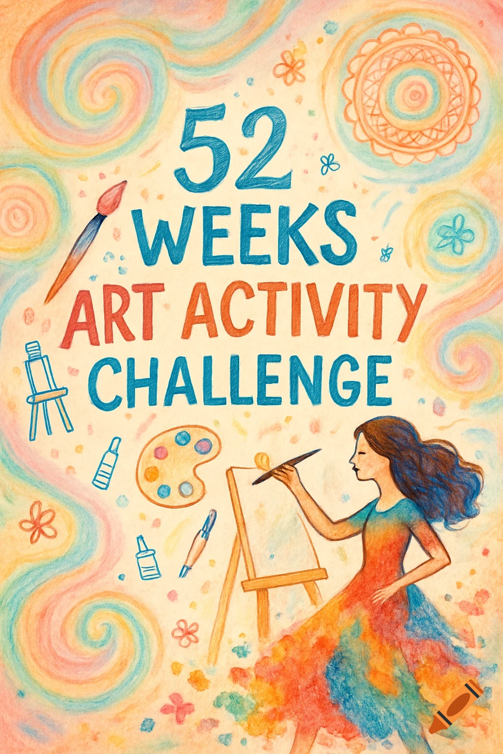Colorful book cover in a crayon drawing style, showing a woman painting at an easel, surrounded by art supplies and swirls. Text reads '52 WEEKS ART ACTIVITY CHALLENGE'.