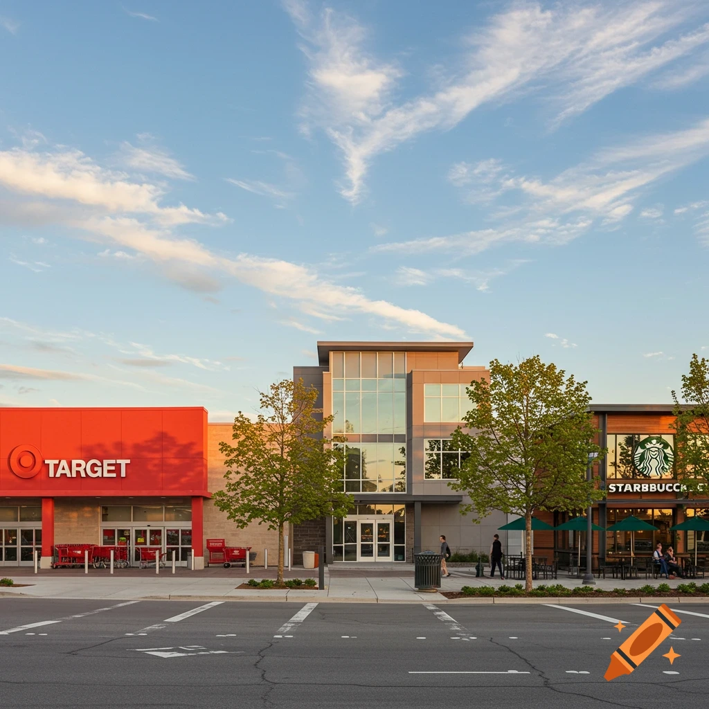 A bright outdoor view of a Target store, a modern glass building, and a Starbucks with outdoor seating, all along a street under a blue sky.