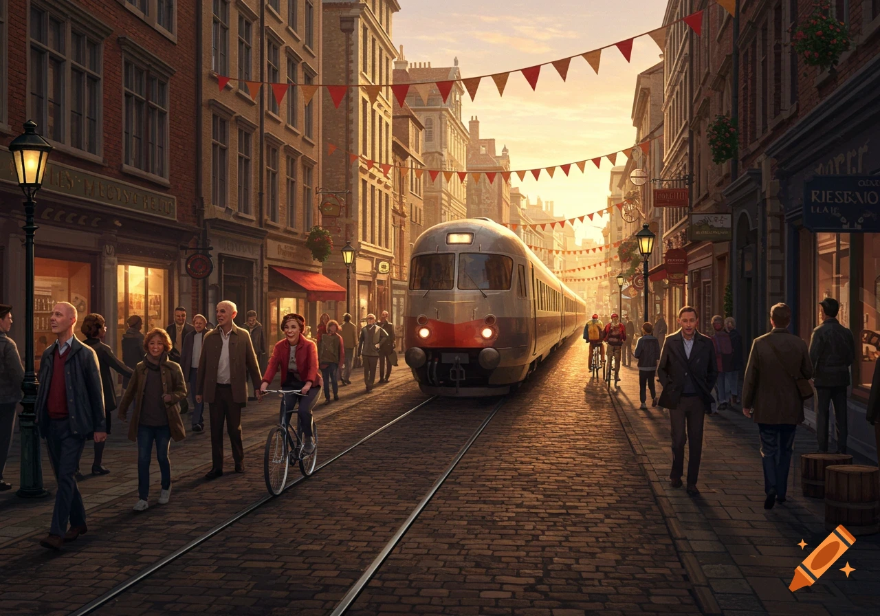 A bustling street scene at sunset, with a train on tracks, people walking and cycling past historic buildings and shops.