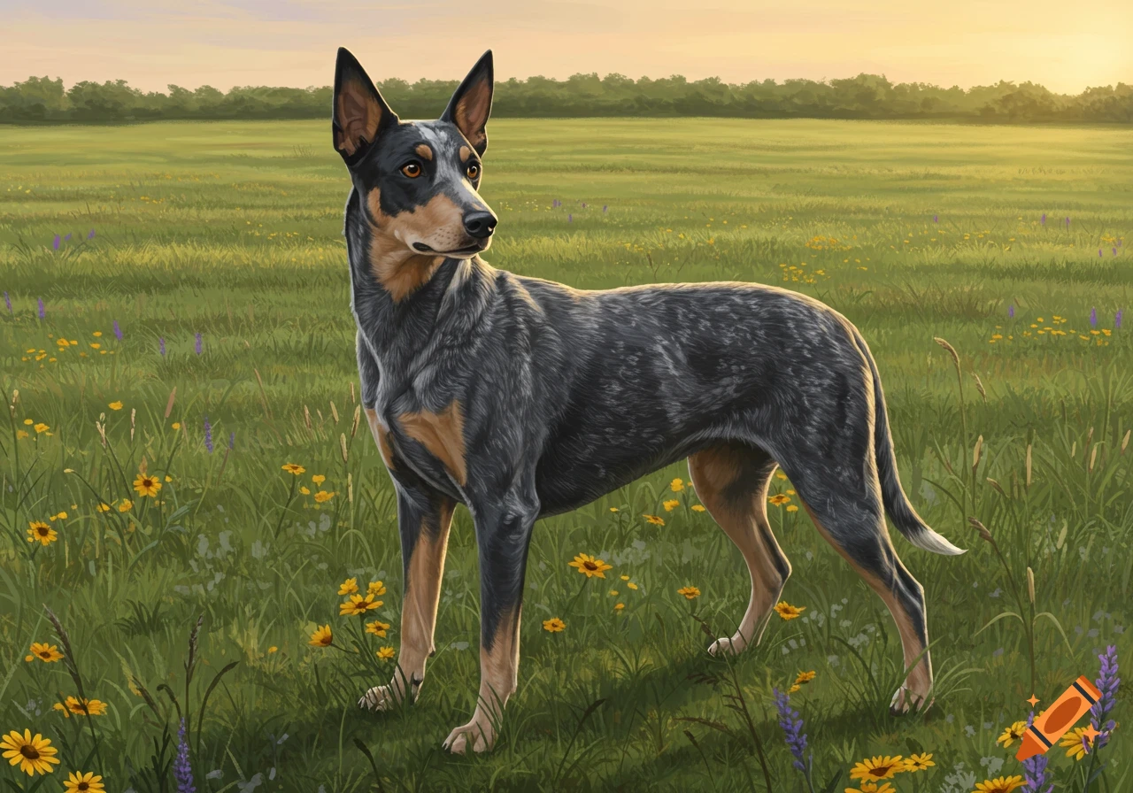 A Blue Lacy dog stands in a grassy field with yellow and purple wildflowers under a soft sky.