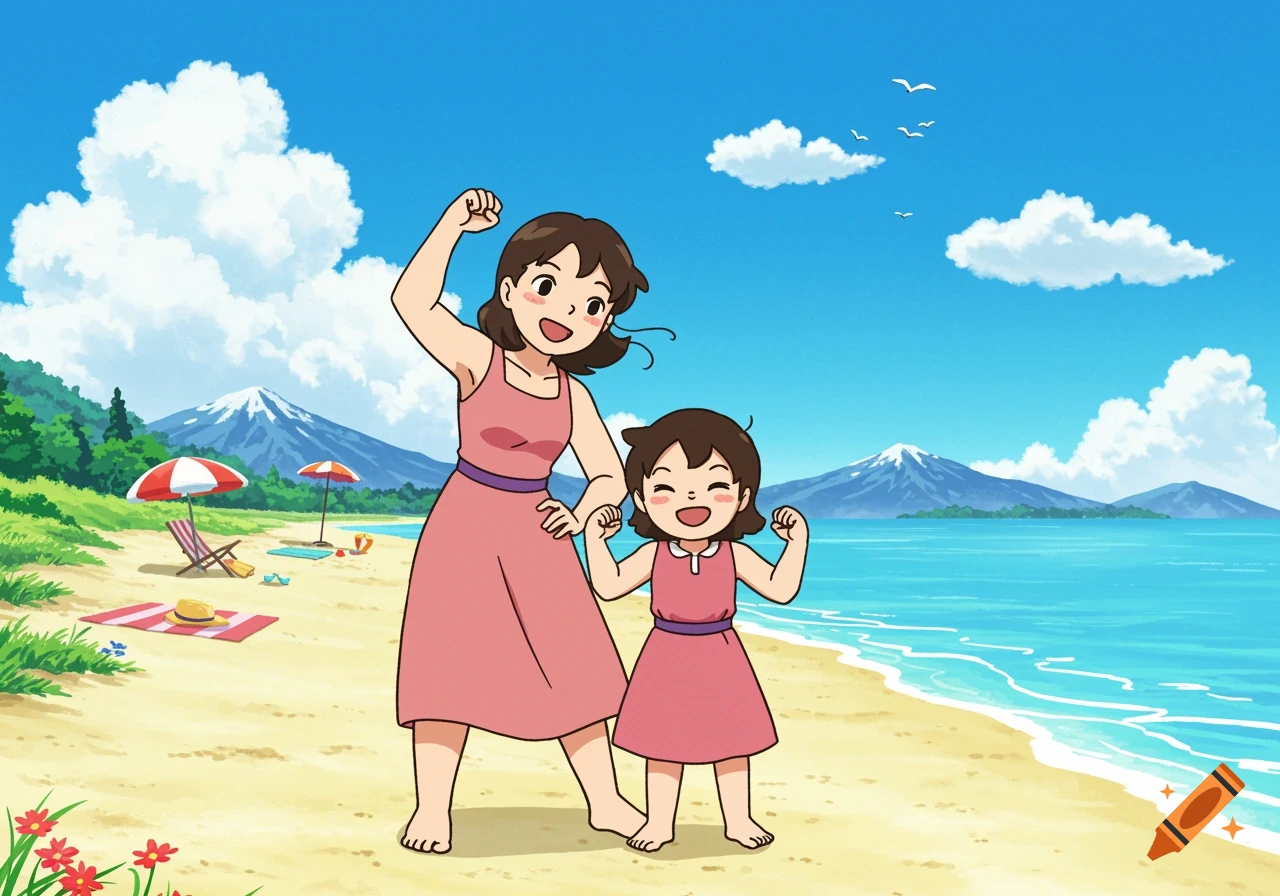 A mother and daughter in a Japanese cartoon style, flexing muscles on a sunny beach with mountains and ocean in the background.