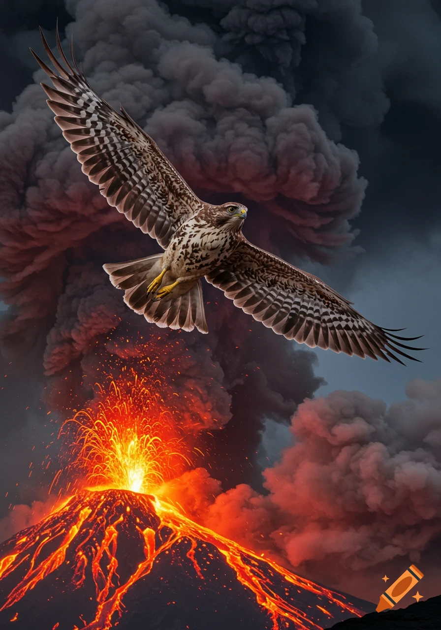 A photorealistic hawk with outstretched wings soars over an erupting volcano with glowing lava and dark smoke.