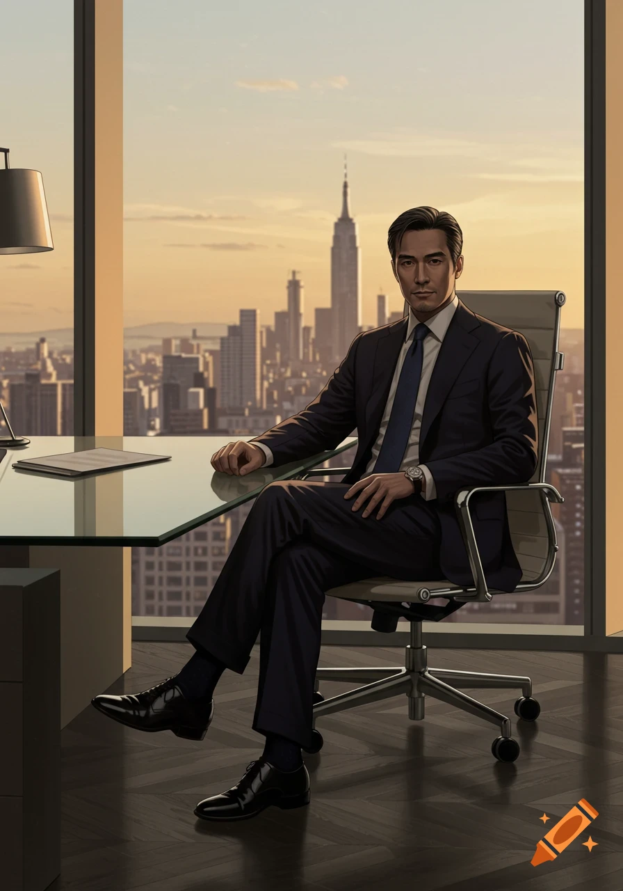 Businessman in a dark suit sits at a desk overlooking a city skyline with skyscrapers at sunset.
