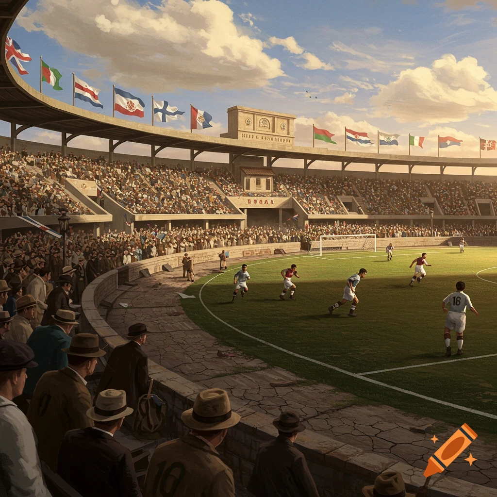 A vintage 1930s football stadium packed with spectators watching a game under a cloudy sky.
