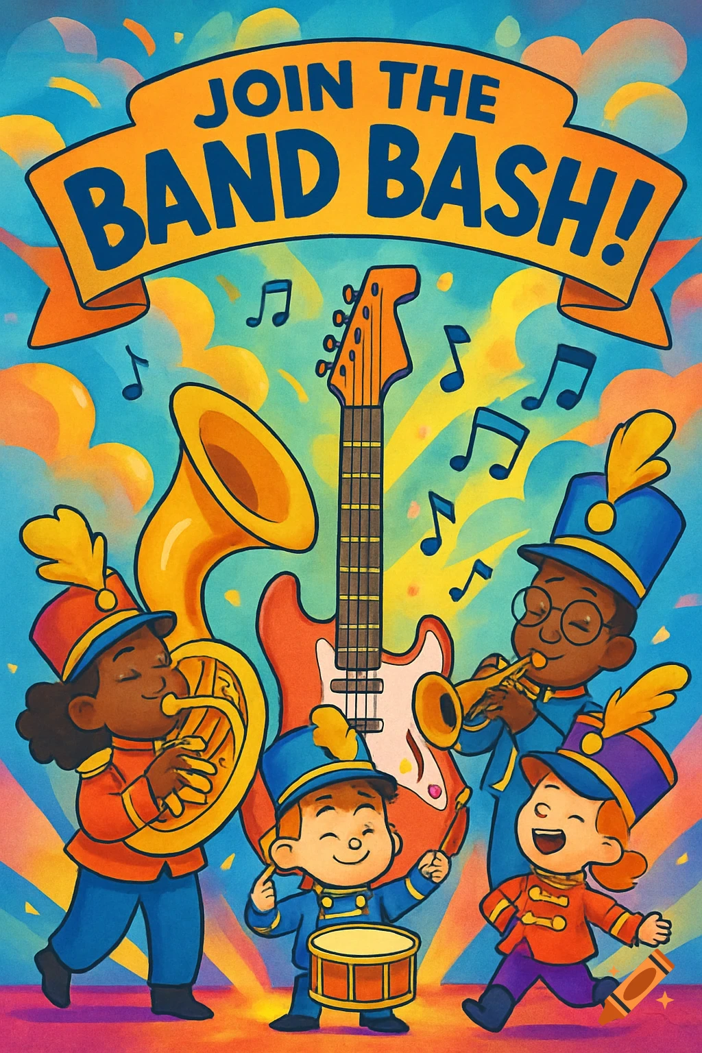 Vibrant cartoon illustration of children in a marching band playing instruments with an electric guitar and a banner reading 'JOIN THE BAND BASH!'
