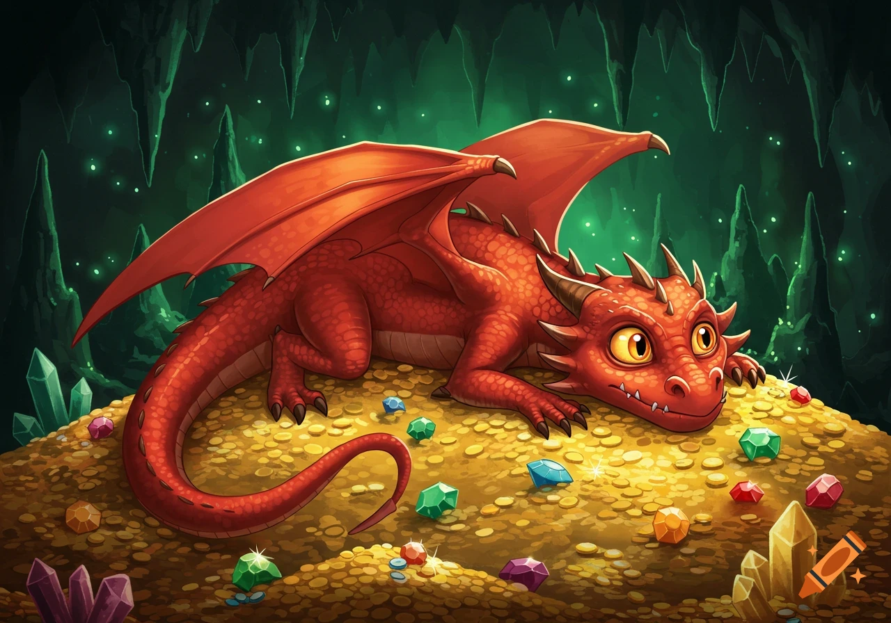A cute red cartoon dragon rests on a huge pile of gold coins and colorful gems inside a dark cave.